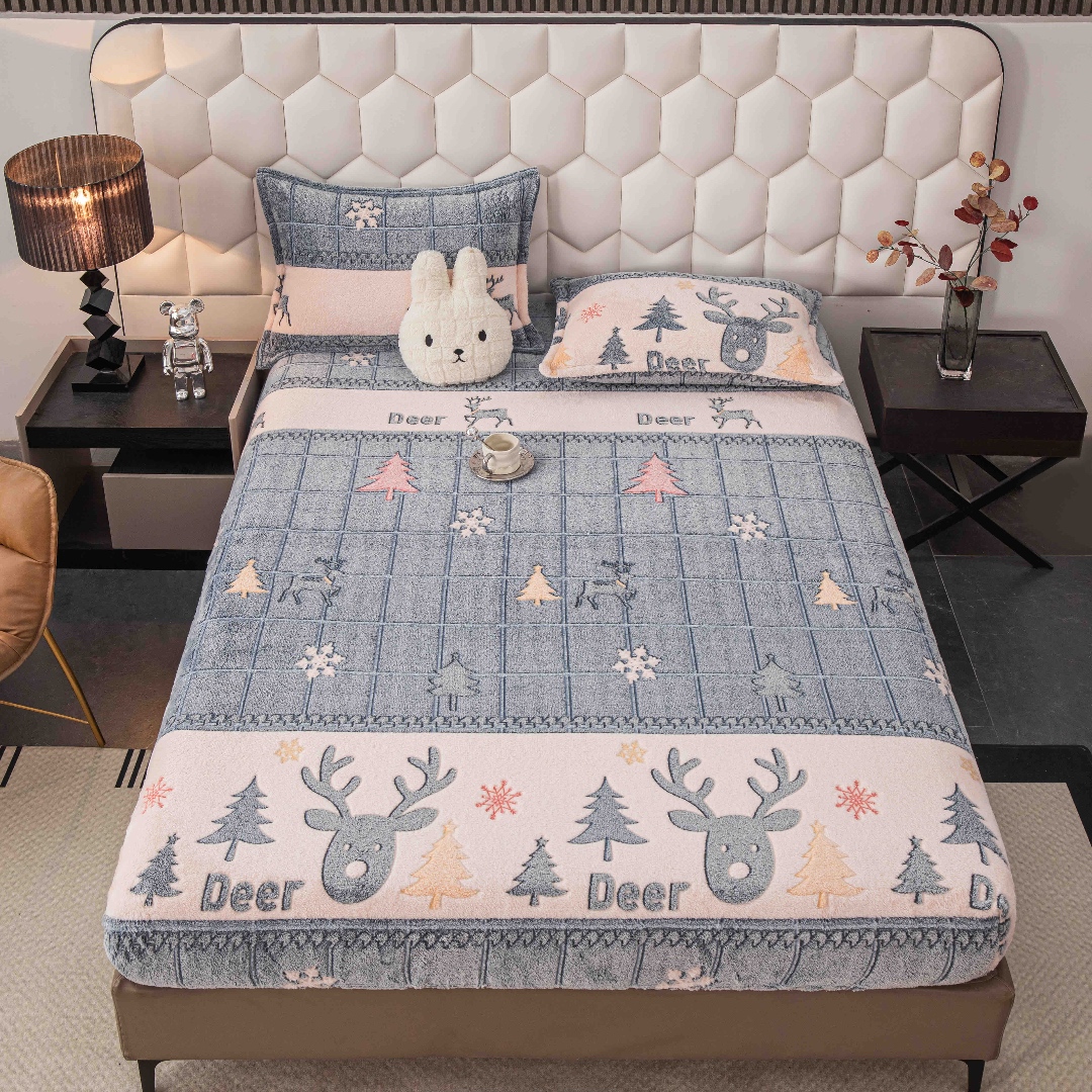 Cearsaf CoCoLiNo, JoJo Home, cu Elastic, 180x200x25cm, 2 fete de perne, 50x70cm, Gri, Alb, Reni, Fulgi de Nea