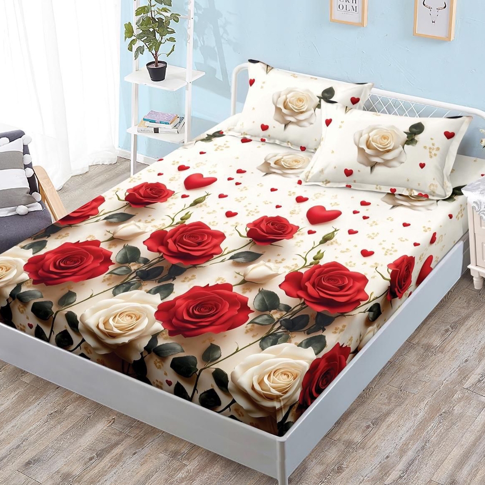 Cearsaf cu Elastic, Bumbac Satinat, 180x200 cm + 2 Fete de Perna 50x70 cm, Bej, trandafiri rosii