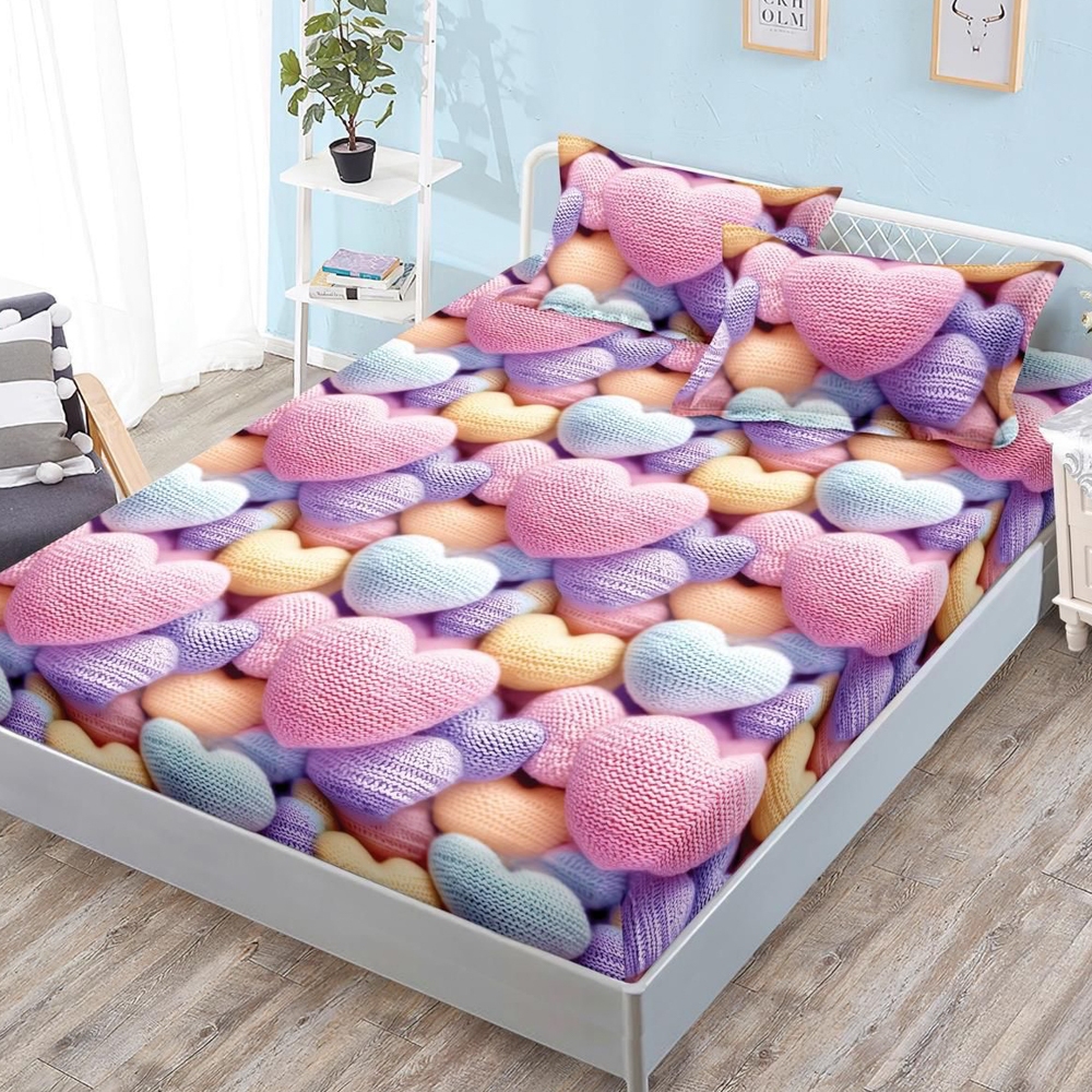 Cearsaf cu Elastic, Bumbac Satinat, 180x200 cm + 2 Fete de Perna 50x70 cm, Roz, Mov, inimioare