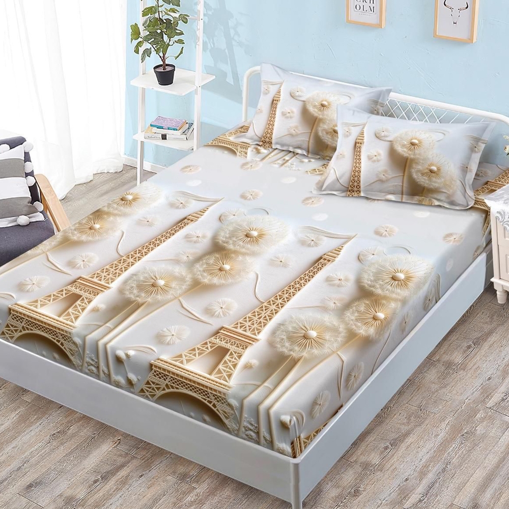 Cearsaf cu Elastic, Bumbac Satinat, 180x200 cm + 2 Fete de Perna 50x70 cm, Gri, Crem, Paris Turnul Eiffel