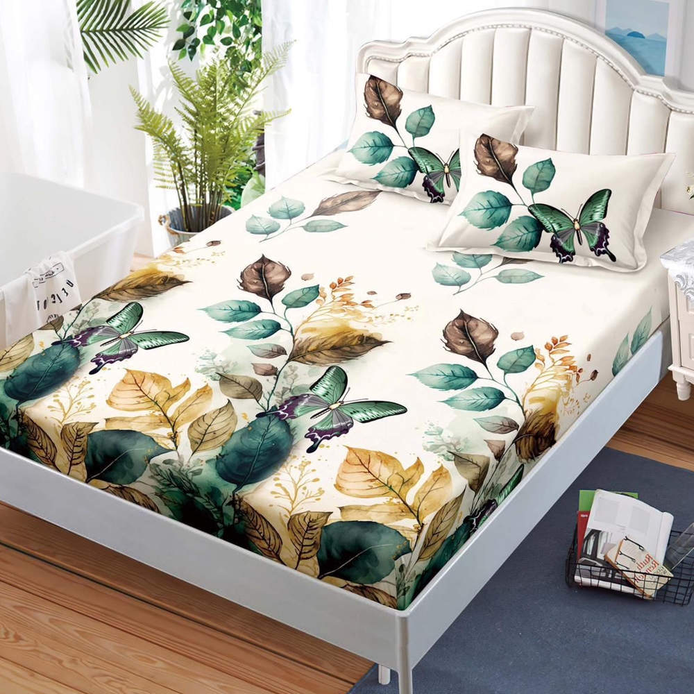 Cearsaf cu Elastic, Bumbac Satinat, 180x200 cm + 2 Fete de Perna 50x70 cm, Crem, frunze, fluturi