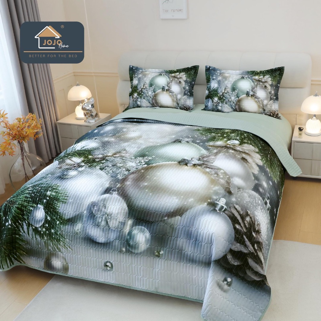 Cuvertura Matlasata, Bumbac Finet, cu Imprimeu 5D, 220x240cm + 2 fete de perna 50x70cm, Gri, Verzui, Globulete