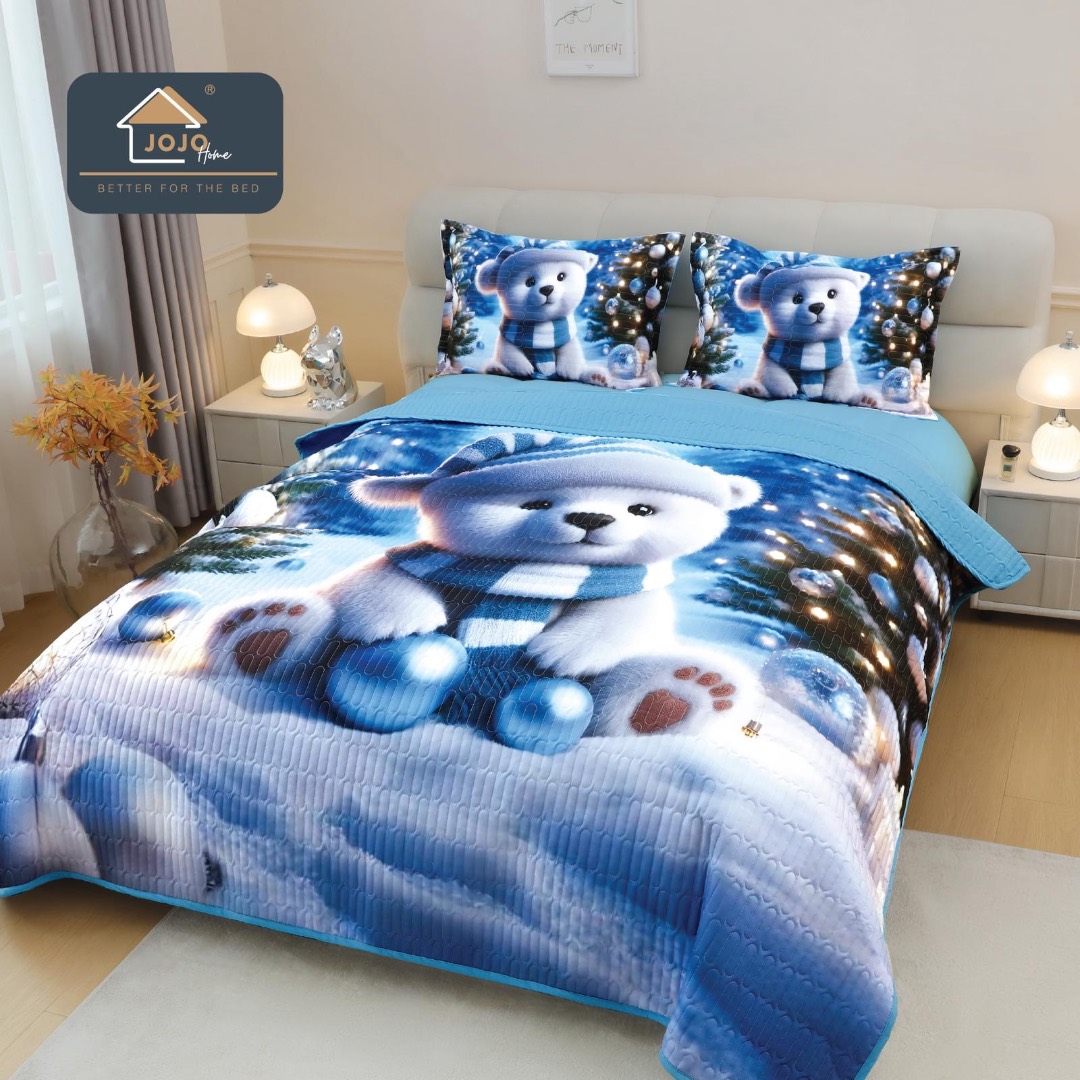 Cuvertura Matlasata, Bumbac Finet, cu Imprimeu 5D, 220x240cm + 2 fete de perna 50x70cm, Bleu, Ursulet Polar