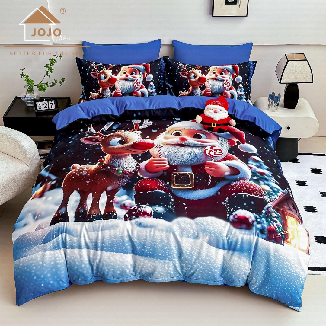 Lenjerie pat dublu, FINET, Imprimeu Digital 5D - Identic cu poza, Cu ELASTIC, 6 piese, Jojo Home, Bleumarin, Bleu, Mos Craciun si Rudolph