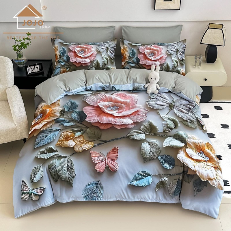 Lenjerie pat dublu, FINET, Imprimeu Digital 5D - Identic cu poza, Cu ELASTIC, 6 piese, Jojo Home, Gri, Trandafiri