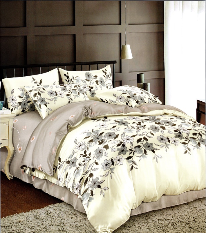 Lenjerie pat dublu, FINET Satinat, 6 piese, Crem, Flori