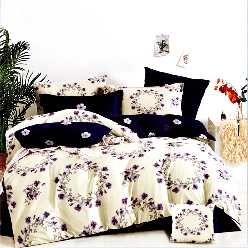 Lenjerie pat dublu, FINET Satinat, 6 piese, Bej, Mov, flori