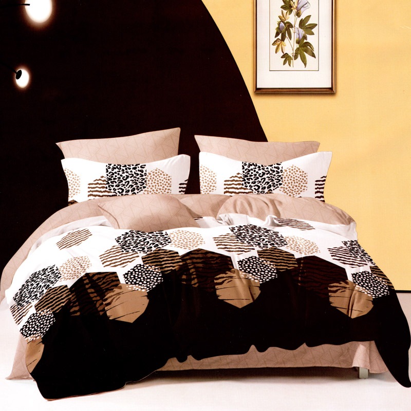 Lenjerie pat dublu, FINET Satinat, 6 piese, Bej, Maro, Forme Geometrice