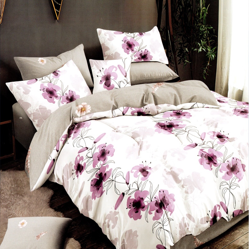 Lenjerie pat dublu, FINET Satinat, 6 piese, Alb, Gri, Mov, flori