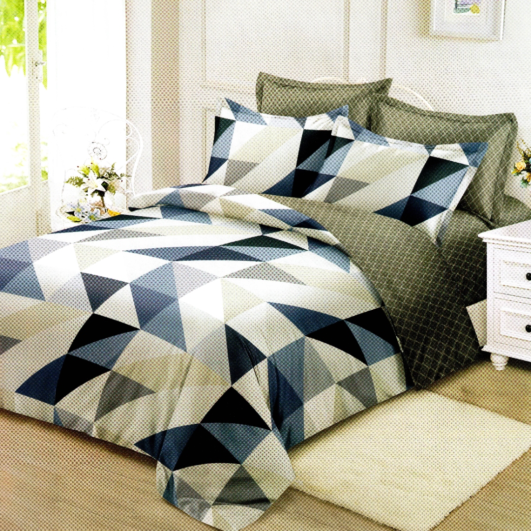 Lenjerie pat dublu, FINET Satinat, 6 piese, Gri, Alb, Albastru, Forme Geometrice