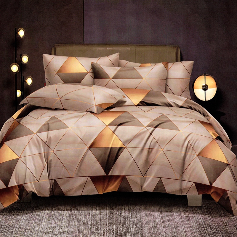 Lenjerie pat dublu, FINET Satinat, 6 piese, Bej, Auriu, Forme Geometrice