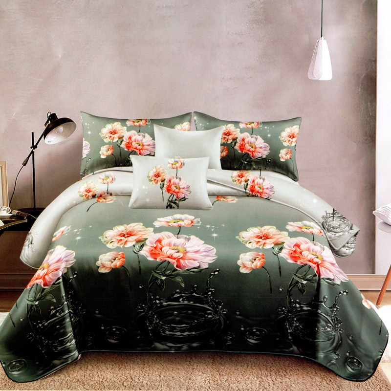 Lenjerie pat dublu, FINET Satinat, 6 piese, Verde, Flori Somon