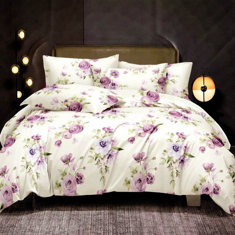 Lenjerie pat dublu, FINET Satinat, 6 piese, Alb, Flori Mov