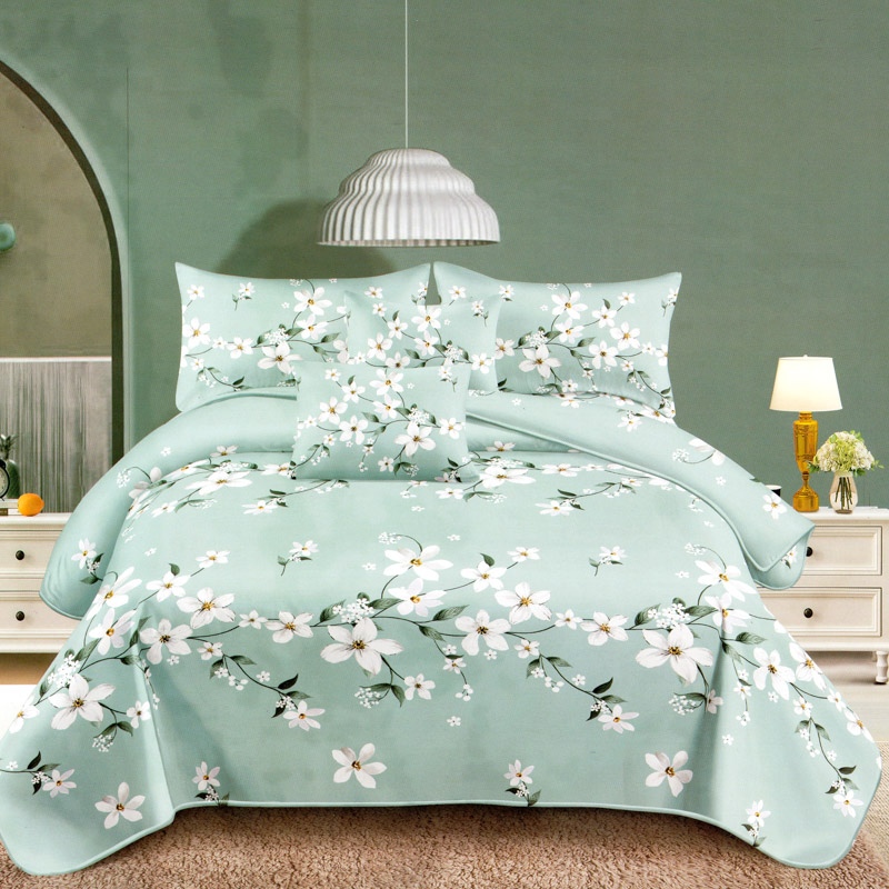 Lenjerie pat dublu, FINET Satinat, 6 piese, Bleu, Flori