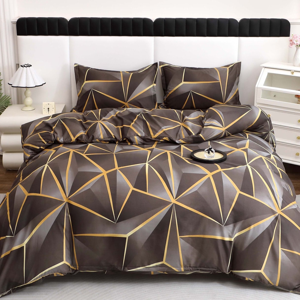 Lenjerie pat dublu cu Elastic (160x200cm si 180x200cm), bumbac satinat, Negru, abstract