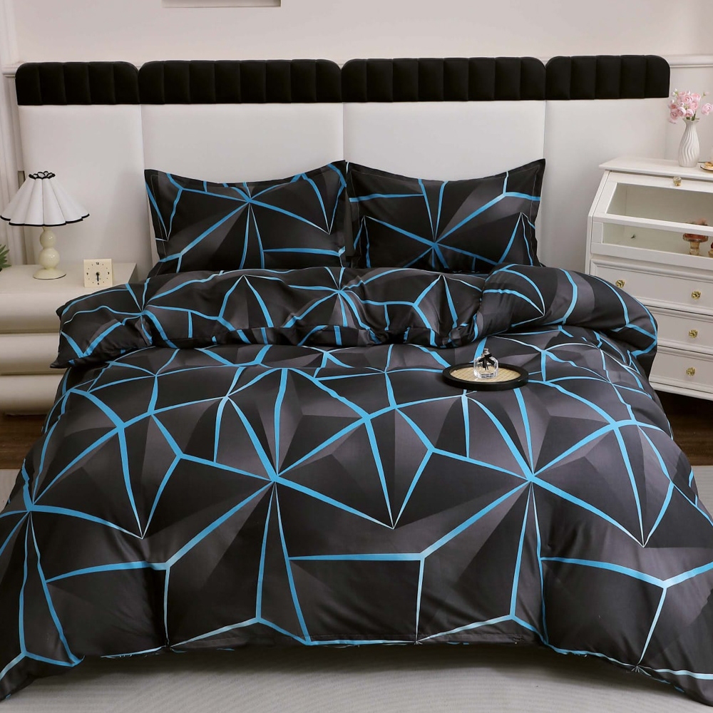 Lenjerie pat dublu cu Elastic (160x200cm si 180x200cm), bumbac satinat, Negru, Albastru, abstract