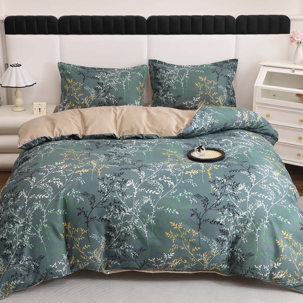 Lenjerie pat dublu cu Elastic (160x200cm si 180x200cm), bumbac satinat, Verde, crengute