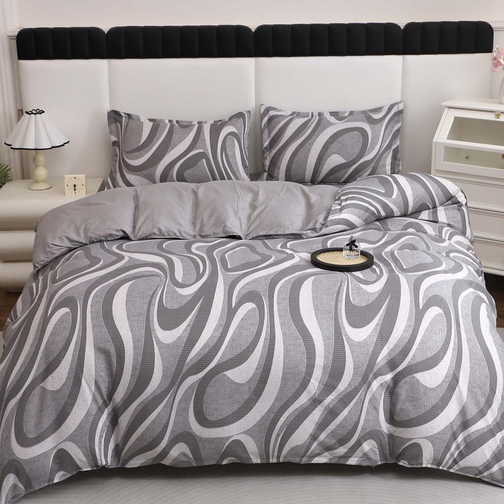 Lenjerie pat dublu cu Elastic (160x200cm si 180x200cm), bumbac satinat, Gri, dungi