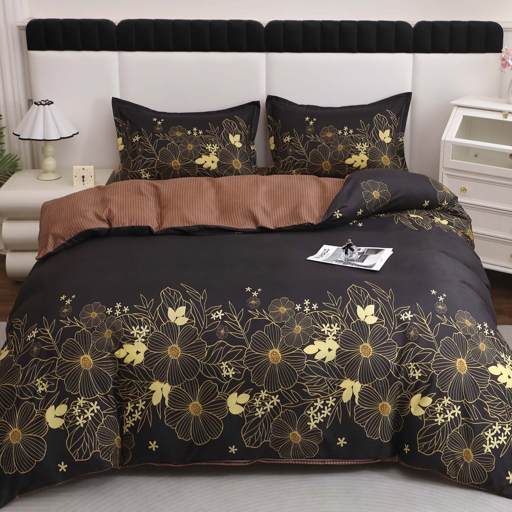 Lenjerie pat dublu cu Elastic (160x200cm si 180x200cm), bumbac satinat, Negru, floricele