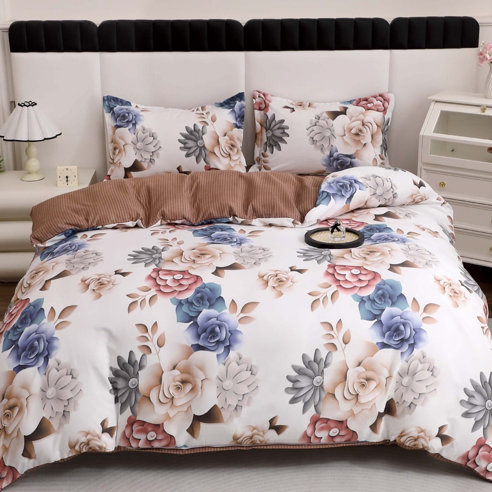 Lenjerie pat dublu cu Elastic (160x200cm si 180x200cm), bumbac satinat, Crem, floricele