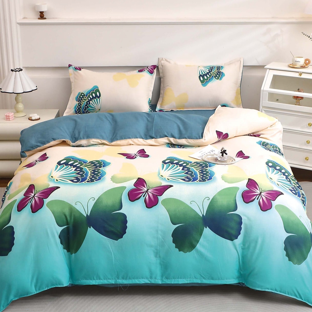 Lenjerie pat dublu cu Elastic (160x200cm si 180x200cm), bumbac satinat, Crem, Bleu, fluturi