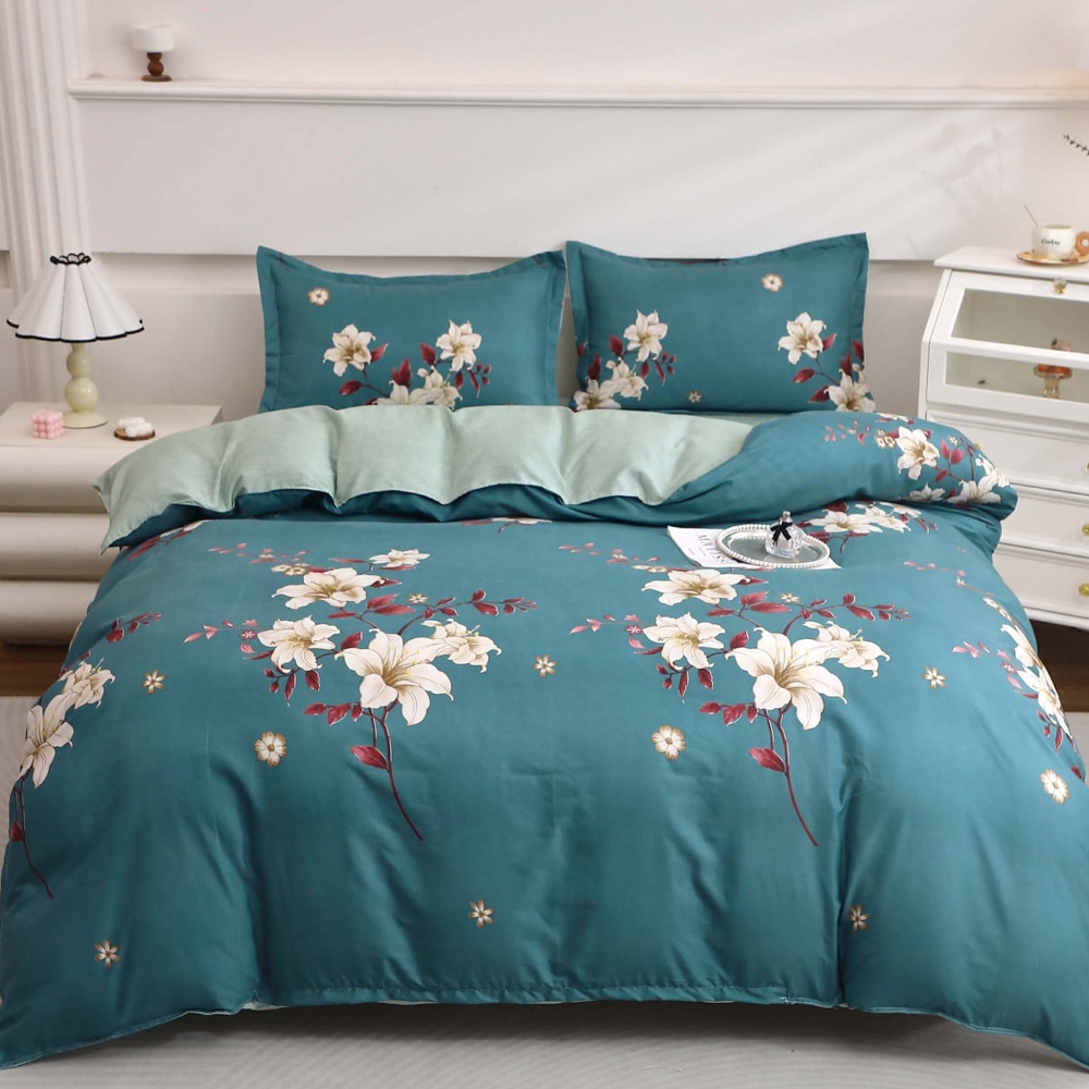 Lenjerie pat dublu cu Elastic (160x200cm si 180x200cm), bumbac satinat, Turcuaz, flori
