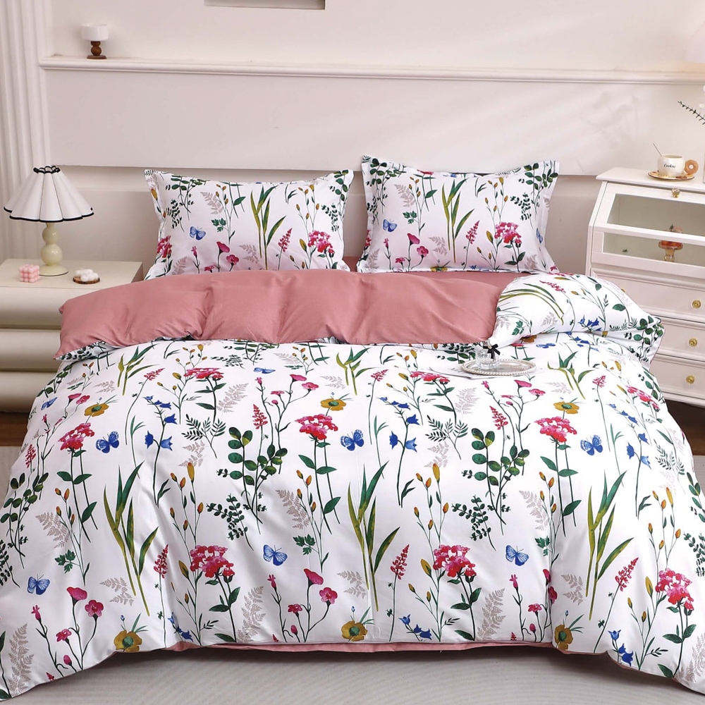 Lenjerie pat dublu cu Elastic (160x200cm si 180x200cm), bumbac satinat, Alb, Roz, floricele