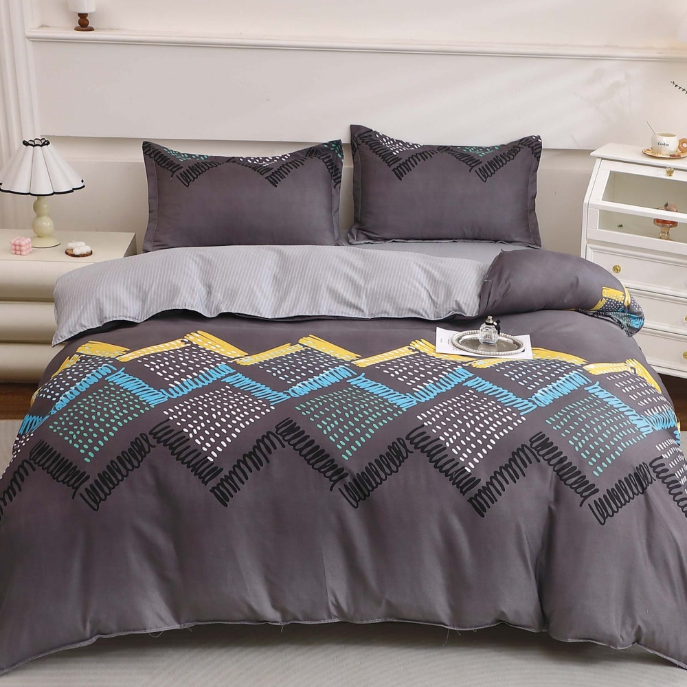 Lenjerie pat dublu cu Elastic (160x200cm si 180x200cm), bumbac satinat, Gri, zig-zag