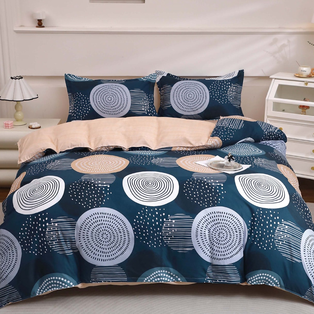 Lenjerie pat dublu cu Elastic (160x200cm si 180x200cm), bumbac satinat, Crem, Albastru, abstract
