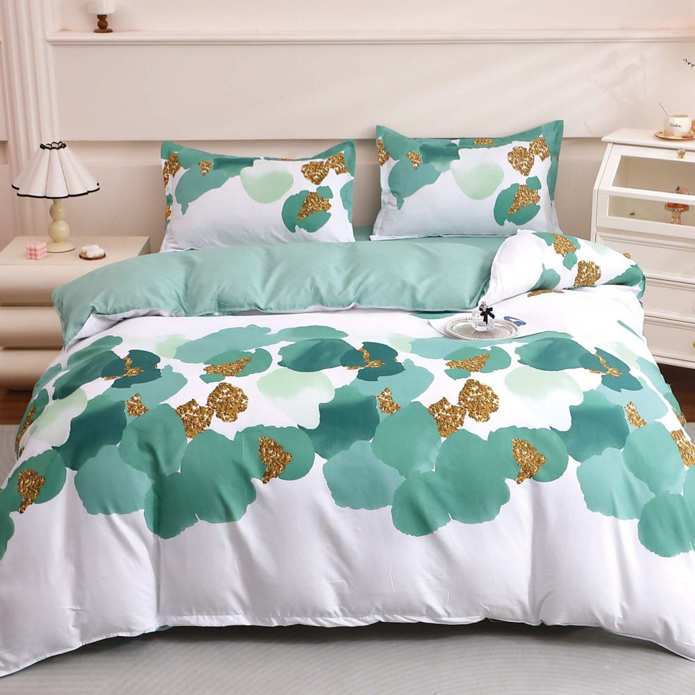Lenjerie pat dublu cu Elastic (160x200cm si 180x200cm), bumbac satinat, Alb, Verde, flori