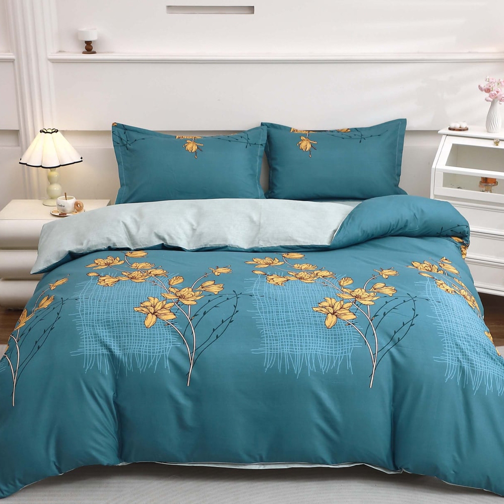 Lenjerie pat dublu cu Elastic (160x200cm si 180x200cm), bumbac satinat, Turcuaz, crengute cu flori
