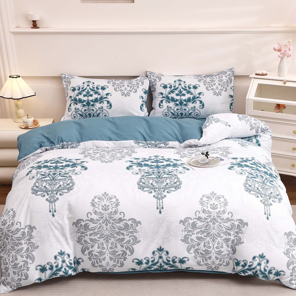 Lenjerie pat dublu cu Elastic (160x200cm si 180x200cm), bumbac satinat, Turcuaz, Alb, elegant