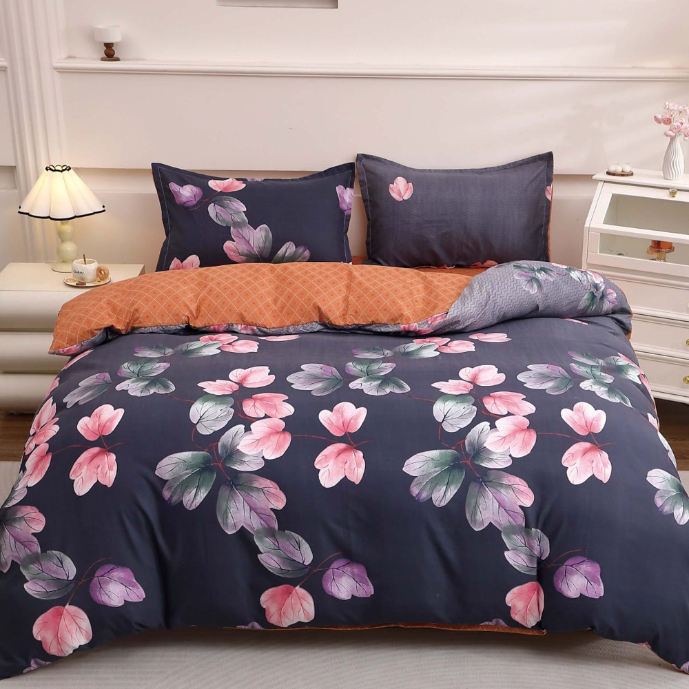Lenjerie pat dublu cu Elastic (160x200cm si 180x200cm), bumbac satinat, Movuriu, Caramiziu, flori