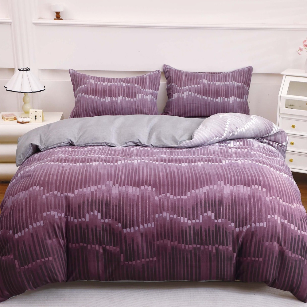 Lenjerie pat dublu cu Elastic (160x200cm si 180x200cm), bumbac satinat, Violet, abstract