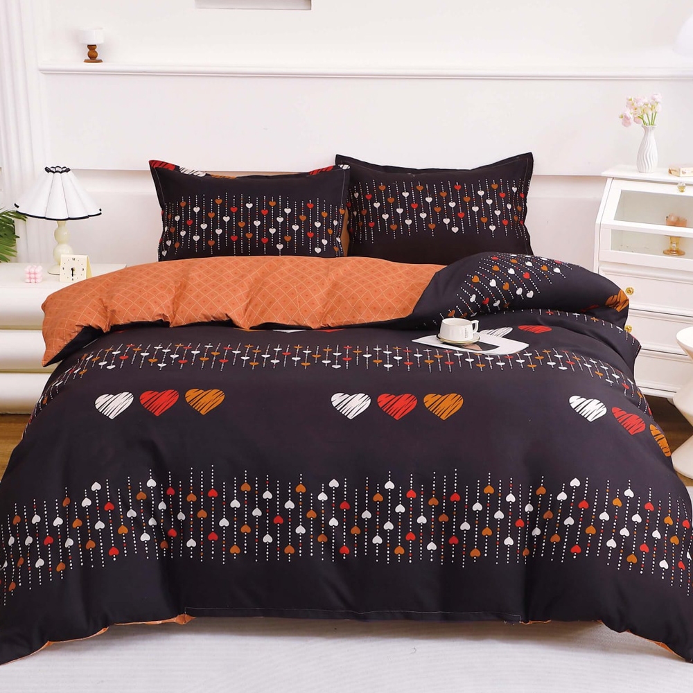 Lenjerie pat dublu cu Elastic (160x200cm si 180x200cm), bumbac satinat, Negru, Caramiziu, inimioare