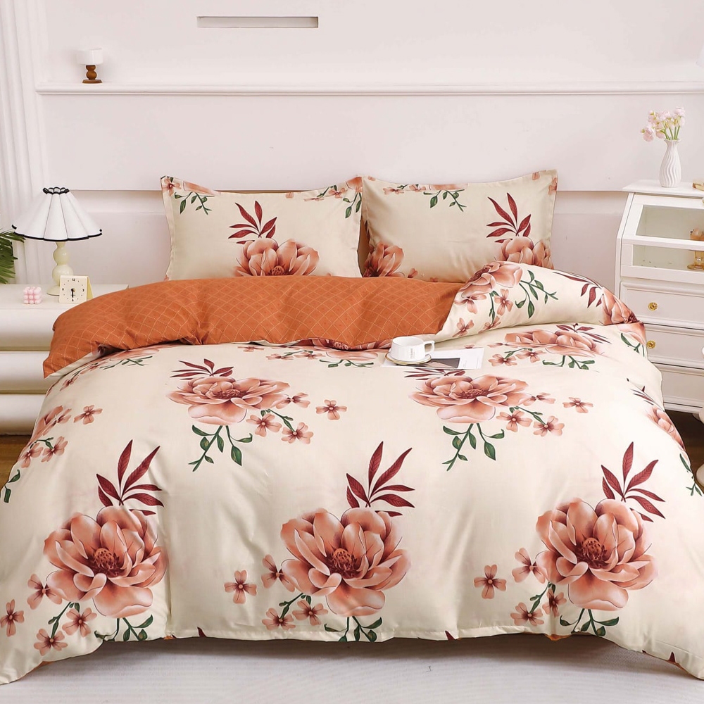 Lenjerie pat dublu cu Elastic (160x200cm si 180x200cm), bumbac satinat, Crem, Caramiziu, flori