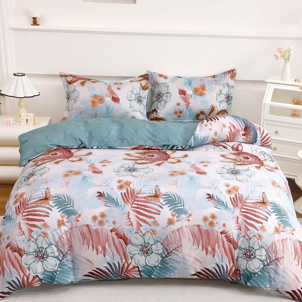 Lenjerie pat dublu cu Elastic (160x200cm si 180x200cm), bumbac satinat, Turcuaz, flori