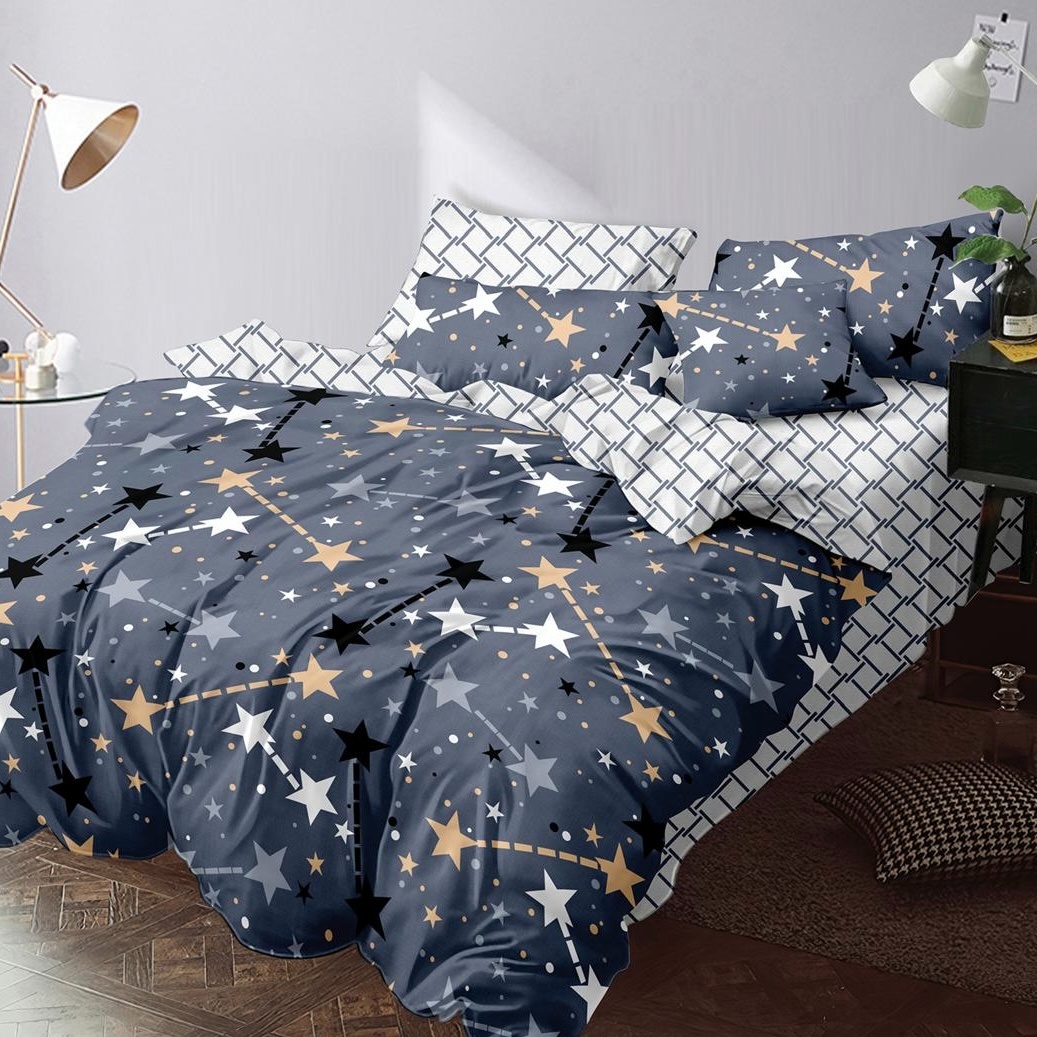 Lenjerie pat dublu cu Elastic (160x200cm si 180x200cm), bumbac satinat, Gri Albastrui, Stelute