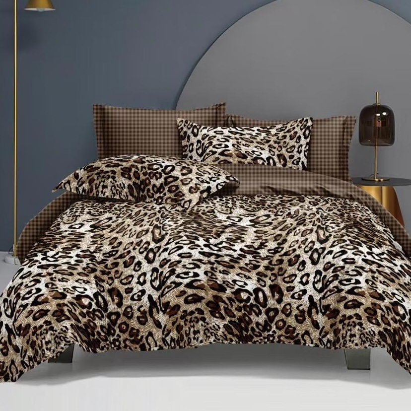 Lenjerie pat dublu cu Elastic (160x200cm si 180x200cm), bumbac satinat, Negru, Bej, Animal Print