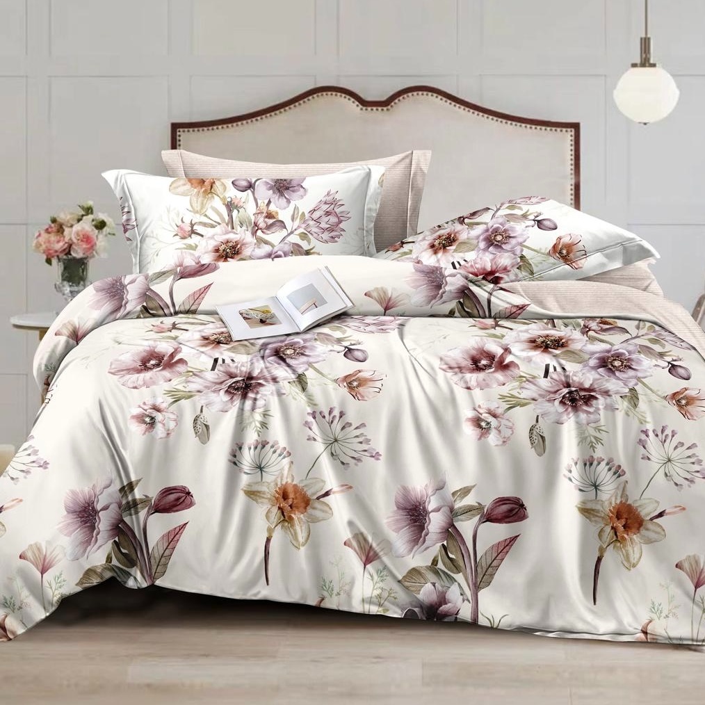 Lenjerie pat dublu cu Elastic (160x200cm si 180x200cm), bumbac satinat, Crem, Flori