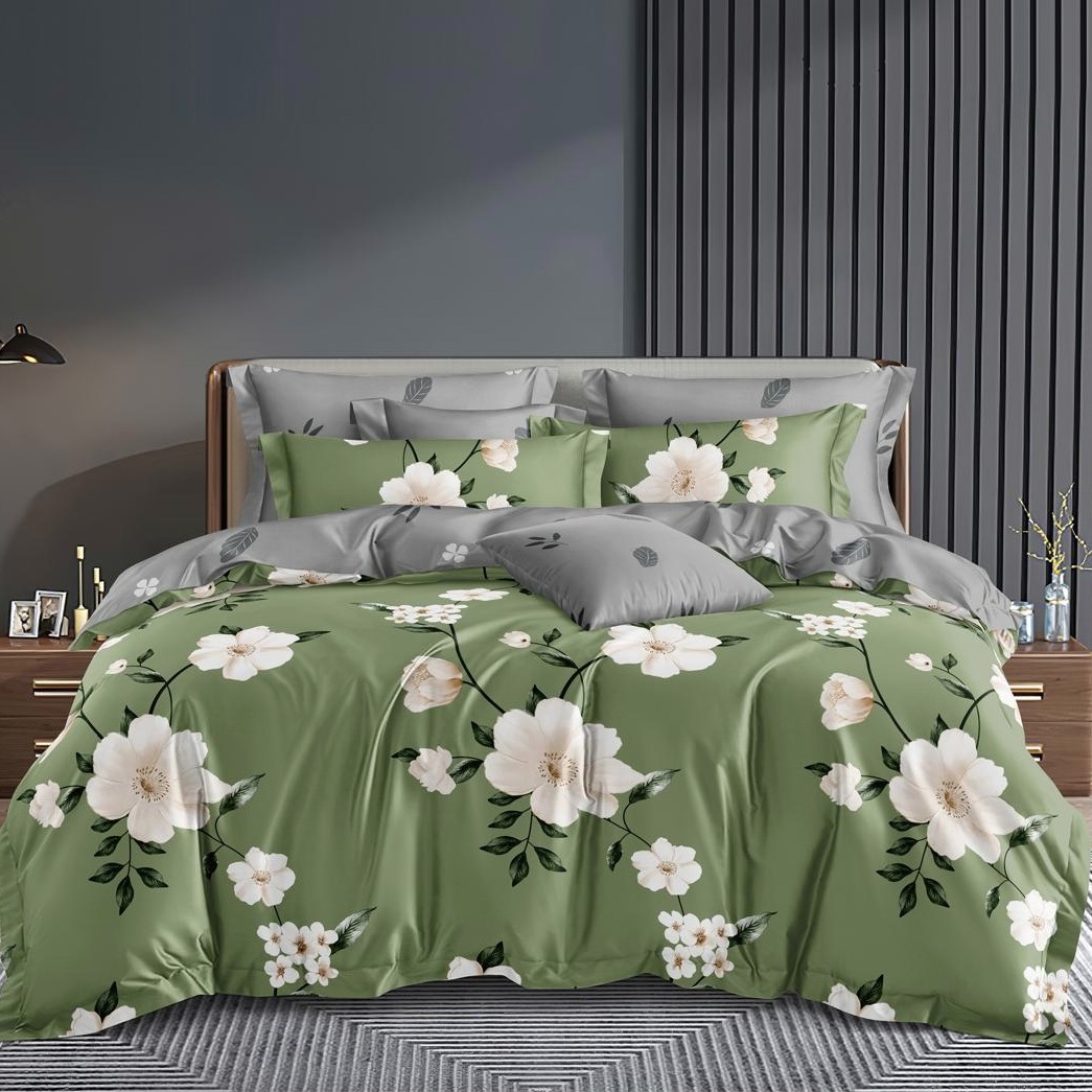Lenjerie pat dublu cu Elastic (160x200cm si 180x200cm), bumbac satinat, Verde, Flori