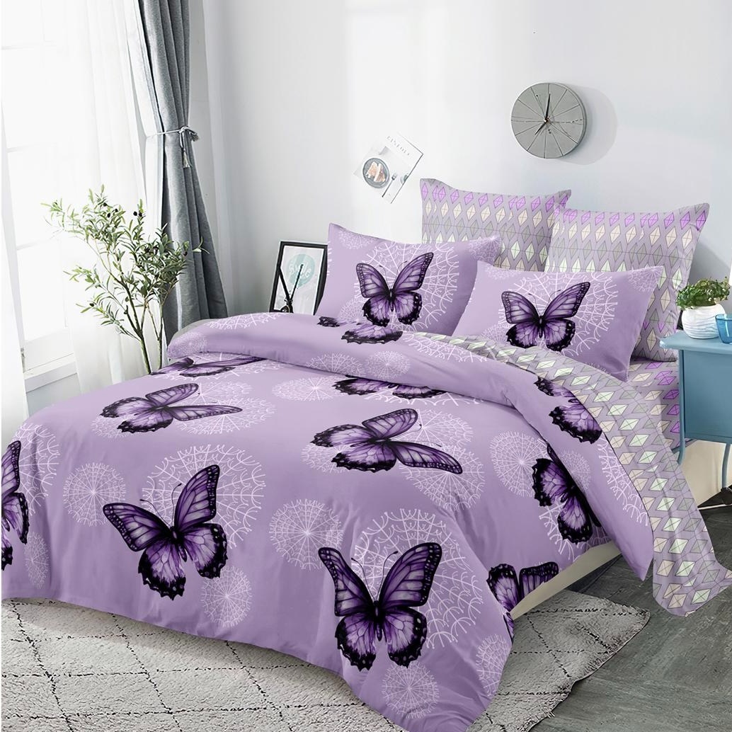 Lenjerie pat dublu cu Elastic (160x200cm si 180x200cm), bumbac satinat, Lila, Fluturi