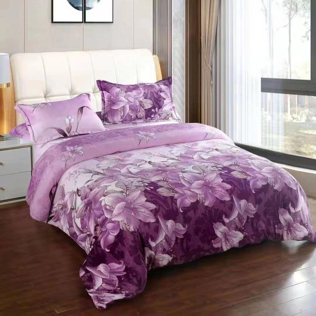 Lenjerie pentru Pat Dublu, Cocolino Premium, 4 Piese – Plusata, Groasa, si Calduroasa, Ideala pentru Iarna –  Confort Maxim, Antisifonare, Lila, Mov, Crini