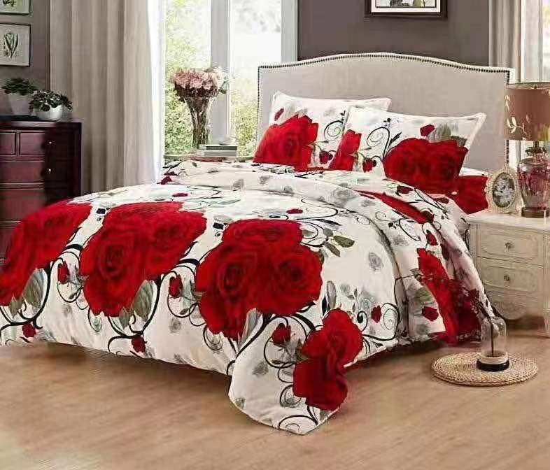 Lenjerie pentru Pat Dublu, Cocolino Premium, 4 Piese – Plusata, Groasa, si Calduroasa, Ideala pentru Iarna –  Confort Maxim, Antisifonare, Alb, Trandafiri Rosii