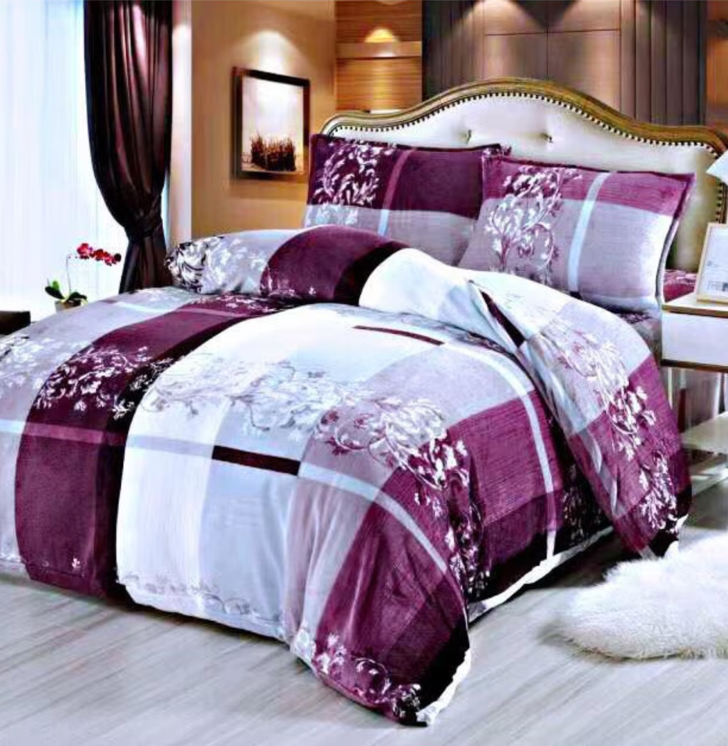 Lenjerie pentru Pat Dublu, Cocolino Premium, 4 Piese – Plusata, Groasa, si Calduroasa, Ideala pentru Iarna –  Confort Maxim, Antisifonare, Gri, Mov, Patratele, Flori