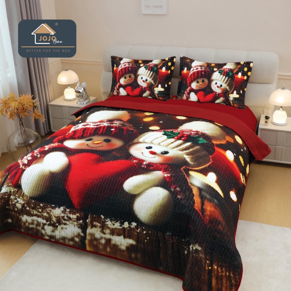 Cuvertura Matlasata, Bumbac Finet, cu Imprimeu 5D, 220x240cm + 2 fete de perna 50x70cm, Rosu, Indragostiti