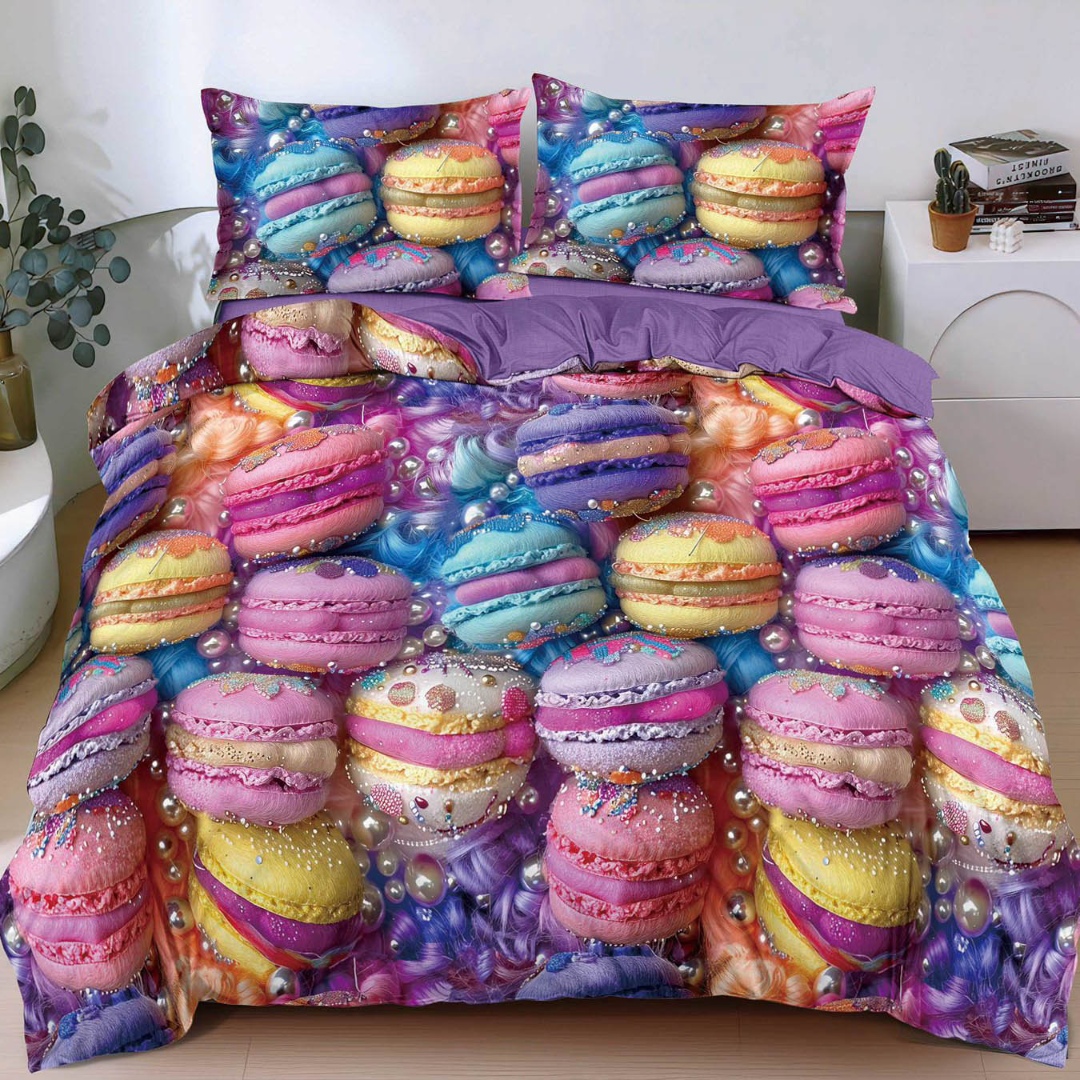 Lenjerie pat dublu cu Elastic, bumbac satinat, Roz, Multicolor, macarons