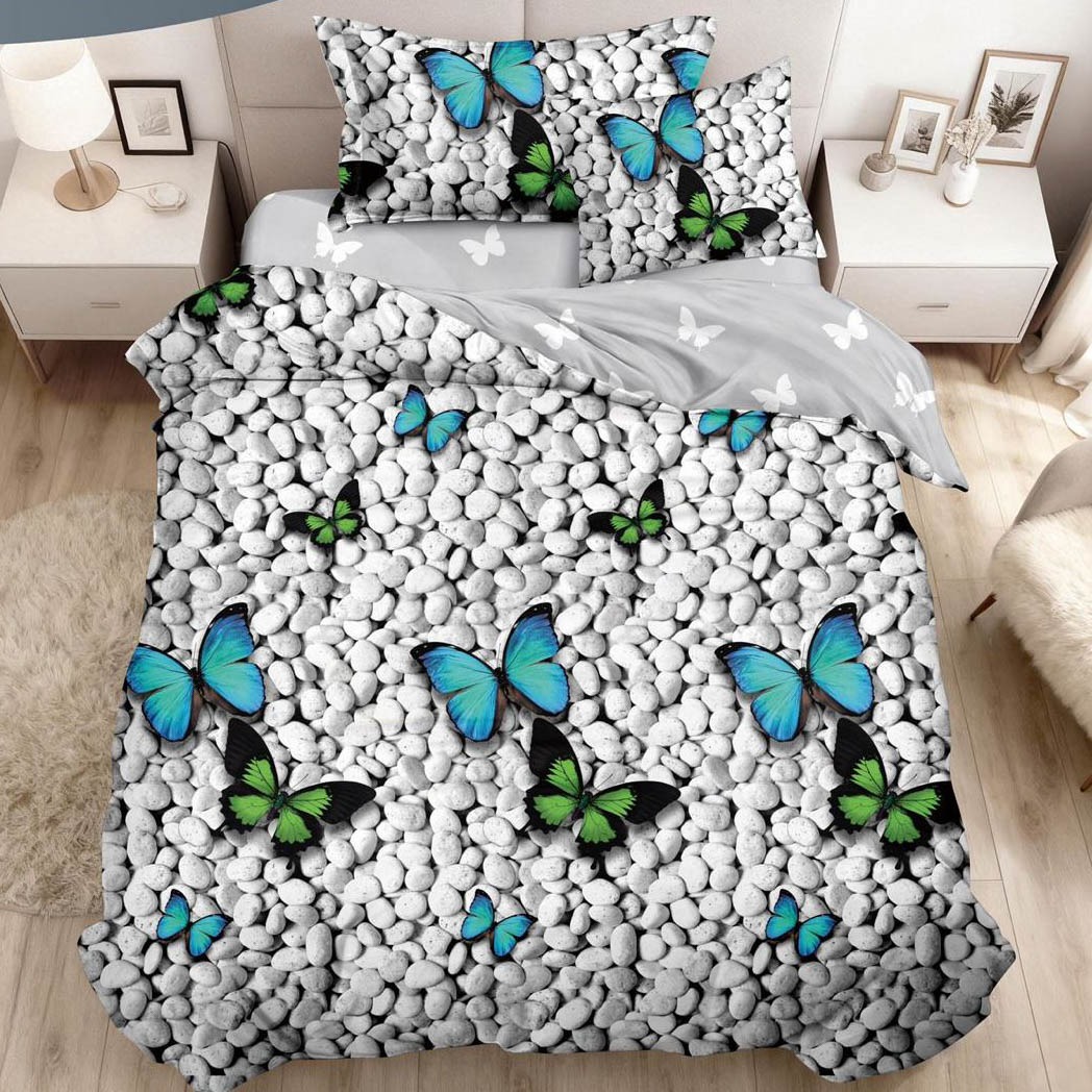 Lenjerie pat 140x200cm,  FINET, 4 piese, cu ELASTIC, Gri, fluturi turcuaz
