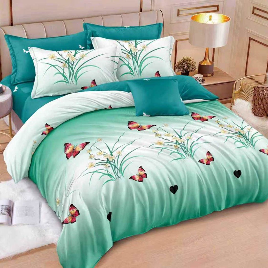 Lenjerie pat dublu, Finet, 6 piese, Verde, fluturi