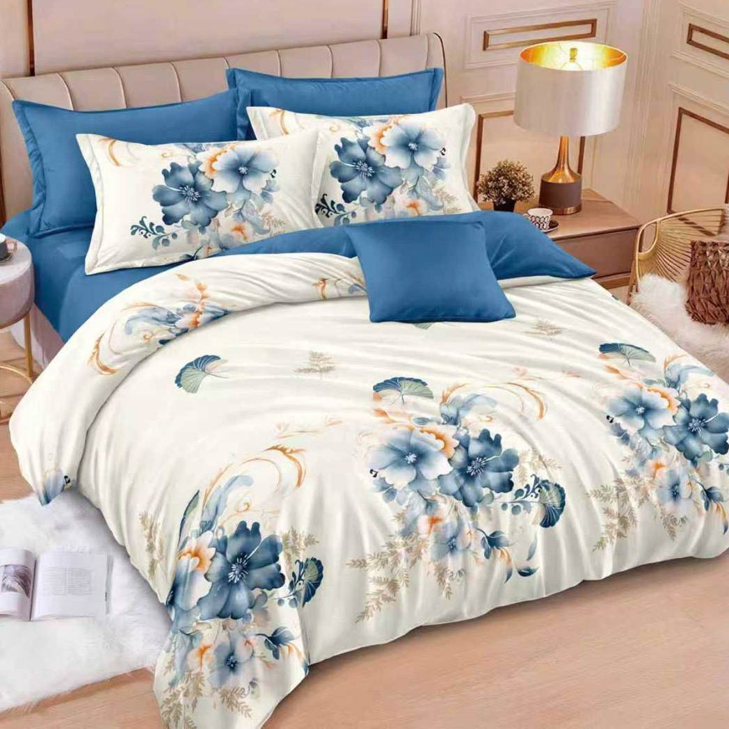 Lenjerie pat dublu cu ELASTIC, Finet, 6 piese, Alb, Turcuaz, flori